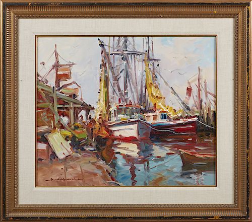 Edward Norton Ward (1928-, California), "Drying the Nets," 20th c., oil on canvas, signed lower left, also signed and titled verso, presented in a gil