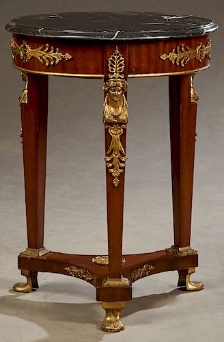 French Empire Style Ormolu Mounted Marble Top Mahogany Pedestal Table, early 20th c., the highly figured grey marble over a wide skirt with ormolu mou