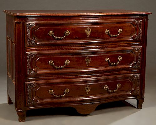 French Louis XV Style Walnut Bowfront Commode, c. 1770, the stepped bowed top over three long drawers flanked by double fielded panel sides, on short 