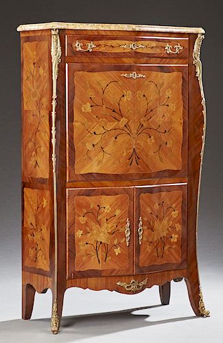 French Louis XV Style Marquetry Inlaid Mahogany Ormolu Mounted Bombe Marble Top Secretary Abattant, c. 1920, the thick highly figured violette and och