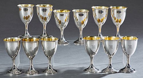 Set of Twelve Sterling Silver Goblets, early 20th c., by Gorham, in the "Dolly Madison" pattern, with gilt washed interiors, monogrammed "M," H.- 6 1/