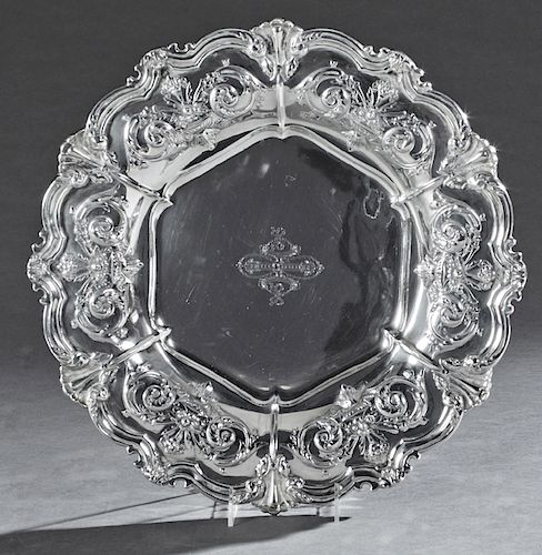 Sterling Shaped Lobed Hexagonal Serving Platter, early 20th c., by Shreve and Co., San Francisco, with a shell and scroll relief rim around a repousse