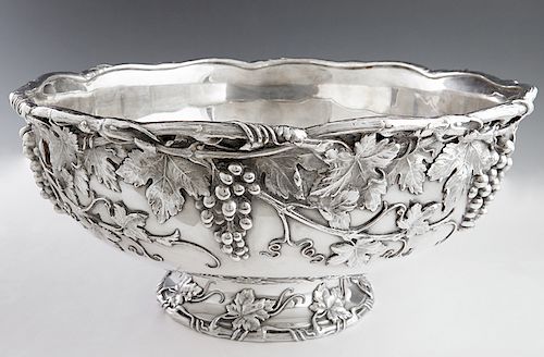 Extraordinary Sterling Punch Bowl, late 19th c., # 2958, by Whiting, 20 pints, with relief grape and leaf decoration, on a foot with relief grape leaf