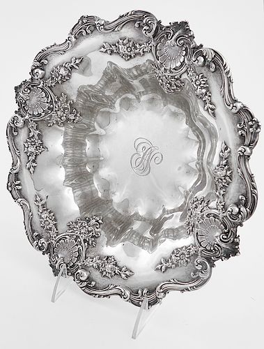 Sterling Bowl, by Bamberger & Gaines, #5108, the scalloped rim with relief shell, floral and leaf decoration, H.- 2 1/2 in., Dia.- 11 in., Wt.- 14.65 