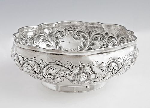 Sterling Repousse Serving Bowl, 1902, by Black, Starr and Frost, with a scalopped rim over leaf and floral decoration, the side with a cartouche engra