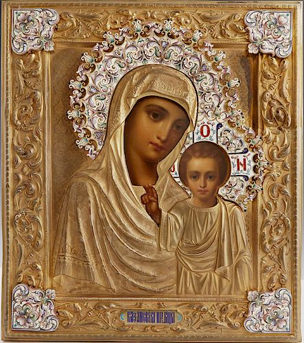 Russian Icon of the Virgin of Kazan, Moscow, 1896-1908, with gilt silver and enamel oklad with the mark of Alexeiv Ivan Alexivitch, H.- 12 1/2 in., W.