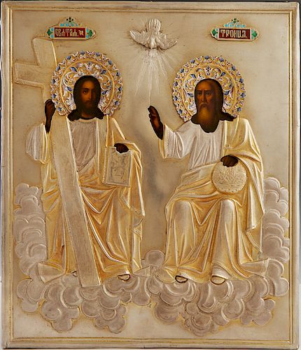 Russian Icon of the New Testament Trinity, Moscow, 1896-1908, with a silver and enamel oklad with the mark of Michoukov Feodor Yakovlevitch, verso wit