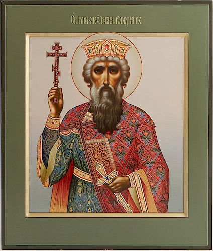 Russian Icon of Saint Vladimir, 20th c., egg tempera and gilt on panel, H.- 12 1/4 in., W.- 10 1/2 in.