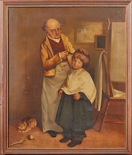 English School, "The Barber," 19th c., oil on canvas, presented in a gilt frame with a beaded liner, H.- 28 3/4 in., W.- 19 1/8 in