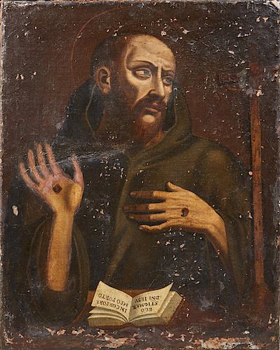 Continental School, "Portrait of St Paul," early 19th c., oil on canvas, holding a book titled "Ego enim stigmata Domini Jesus in corpore meo porto," 