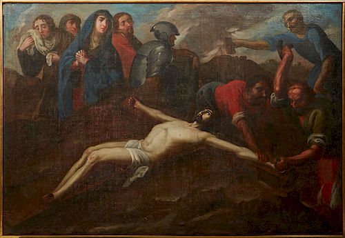 Continental School, "The Eleventh Station of the Cross," 18th c., oil on canvas, unsigned, presented in a gallery frame, H.- 40 1/2 in., W.- 59 in.