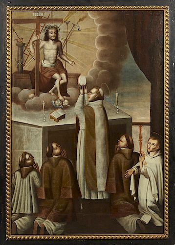 Bolivian School, "Mass of St. Gregory," 18th c., oil on canvas, presented in a polychromed frame with a gilt twist liner, H.- 47 in., W.- 31 3/4 in.