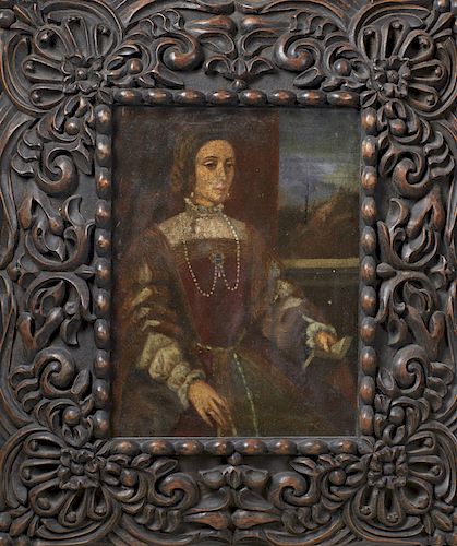 South American School, "Portrait of a Noble Woman," early 19th c., oil on canvas, presented in an elaborately carved high relief wooden frame, H.- 16 