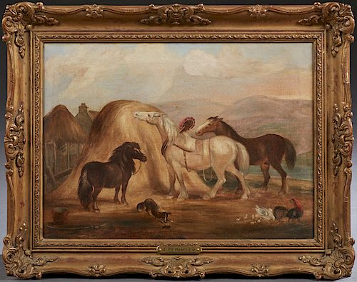 John Ferneley II (1815-1862), "Animals in the Barnyard," 19th c., oil on canvas, signed lower right, presented in an ornate gilt and gesso frame, H.- 