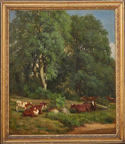 Marcus Waterman (1834-1914, American), "Cows at Rest in a Landscape," 19th c., oil on canvas, signed lower left, presented in a gilt and gesso frame, 