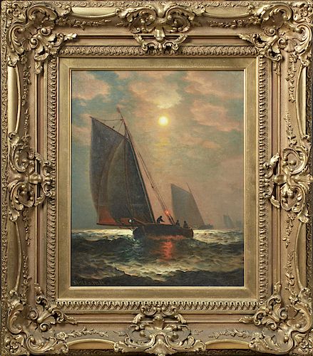 James Gale Tyler (1855-1931, American), "Sailing Ships on a Moonlit Sea," 19th c., oil on canvas, signed lower left, presented in an elaborate period 