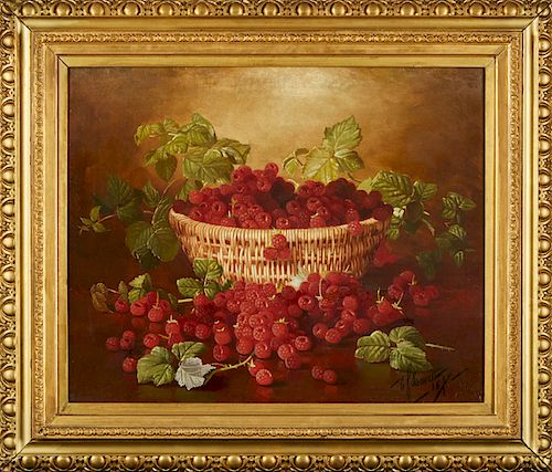 Edward Chalmers Leavitt (1842-1904, American), "Still Life of a Basket of Raspberries," 1899, oil on canvas laid down to board, signed and dated lower