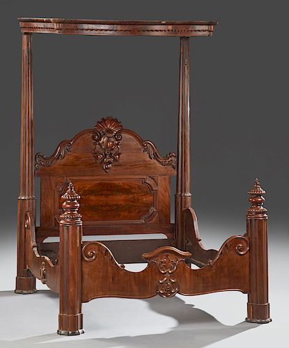 American Rococo Carved Mahogany Half Tester Bed, c. 1850-1860, stamped "C. Lee, 2776," the shaped beaded tester on tapered cluster column posts, flank