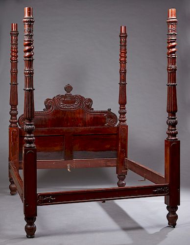 Carved Santo Domingo Mahogany Tester Bed, mid 19th c., the headboard with an urn crest over relief carved scrolls, carved on the front and back, with 