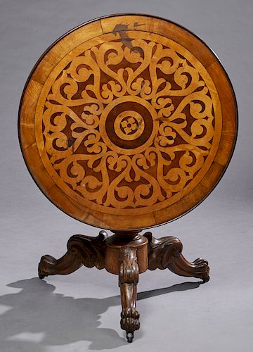 French Restauration Inlaid Mahogany Tilt Top Table, early 20th c., the parquetry inlaid circular top on an urn shaped support to tripodal scrolled leg