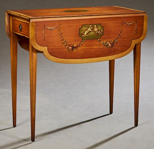 Adams Style Paint Decorated Mahogany Dropleaf Table, 20th c., with one end drawer, the top painted with a floral medallion, the leaves with putti and 