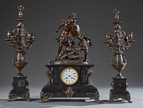 French Three Piece Patinated Spelter and Marble Mantle Clock Set, c. 1880, the gilt incised clock with a large spelter figural group surmount of two f