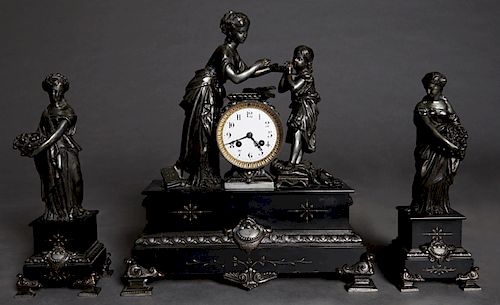 Three Piece French Patinated Spelter and Black Marble Figural Clock Set, c. 1880, the time and strike drum clock by Vincente & Cie. flanked by a figur