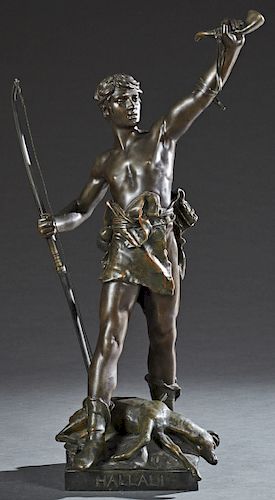After Eugene Marioton (1854-1933, French), "Hallali," early 20th c., bronze patinated spelter statue, on an integral square base, signed on the proper