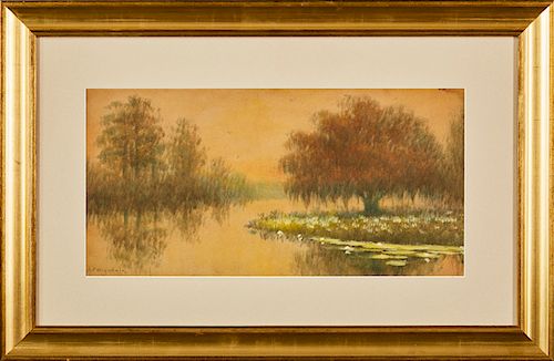 Alexander J. Drysdale (1870-1934, New Orleans), "Bayou Scene with Oaks and Water Lilies," early 20th c., oil wash, signed lower left and presented in 