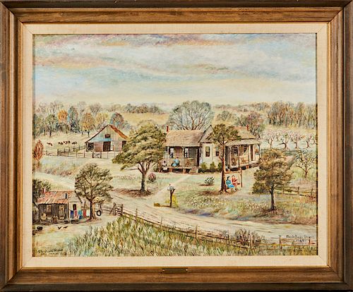 Rhoda Brady Stokes, "Childhood Home," 1969, oil on board, titled lower left, signed and dated lower right, presented in a gilt frame with a linen line