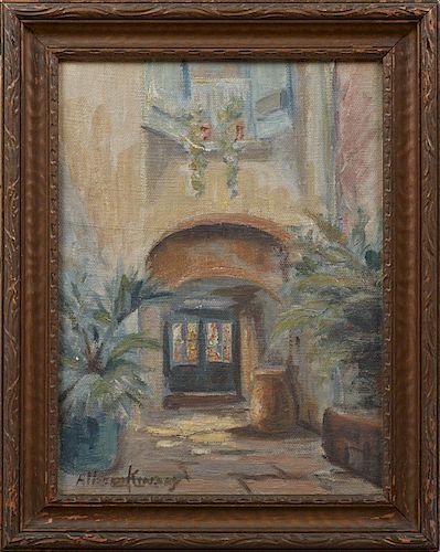 Alberta Kinsey (1875-1952, New Orleans), "French Quarter Courtyard" early 20th c., oil on board, signed lower left presented in a period gilt frame, H