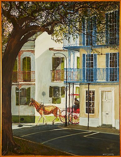 Simon Gunning (1956-, New Orleans), "French Quarter Scene with Buggy," 20th c., oil on canvas, signed lower right, presented in an artist's frame, H.-