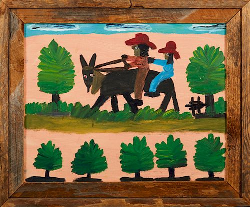 Clementine Hunter (1887-1988), "Traveling by Mule," ca. post 1980, oil on canvas, monogrammed right center, presented in a rustic cypress frame, H.- 1