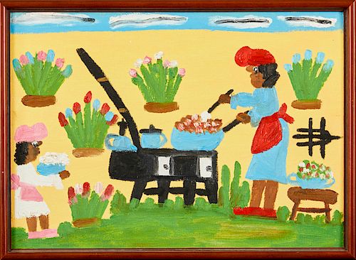 Clementine Hunter (1887-1988), "Cooking Outside," c. 1980, oil on board, signed right center, verso with a polaroid of the artist holding this paintin