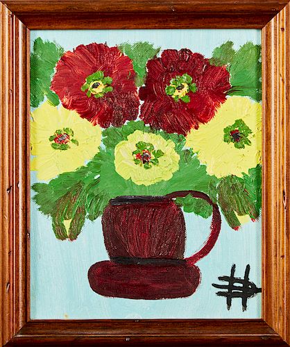 Clementine Hunter (1887-1988), "Zinnias in a Brown Handled Pot," c. 1980, oil on board, signed lower right, verso with a polaroid of the artist holdin