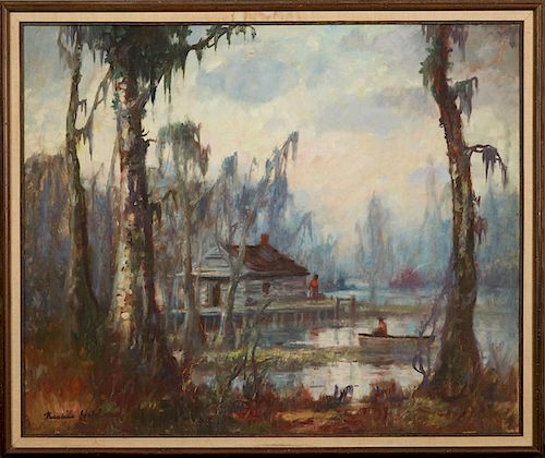Knute Heldner (1877-1952, New Orleans), " Louisiana Swamp Scene with Cabin and Man in Flatboat," 20th c., oil on canvas, presented in a polychromed fr