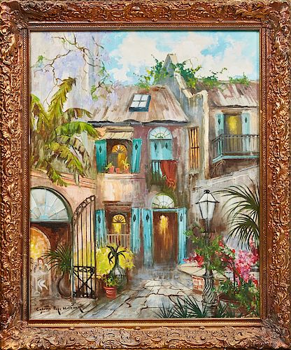 Collete Pope Heldner (1902-1990, New Orleans), "Patio, Little Green Shutter Inn, French Quarter, New Orleans," 20th c., oil on canvas, signed lower le
