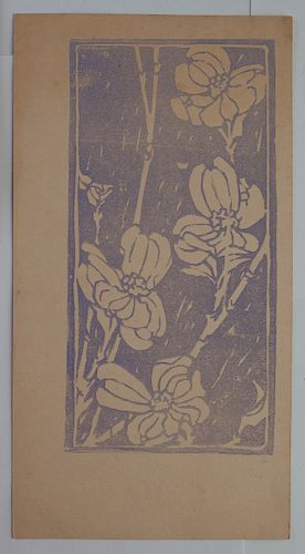 Two Newcomb College Woodblock Prints of Flowers, early 20th c., one with one woodblock, the other with two woodblocks, shrink wrapped, Larger- zh.- 5 