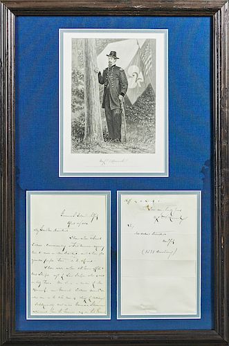 Major General Winfield Scott Hancock (1824-1886), 19th c., steel engraving after the painting by Nast, accompanied by a two page letter in his hand to
