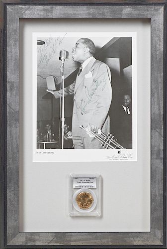 Two Louis Armstrong Items, consisting of an autographed promotional photograph from Associated Booking Corp., signed in green pen across his left arm,