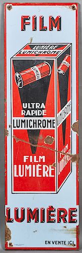 French Provincial Advertising Sign, early 20th c., for "Film Lumiere Ultra Rapide Lumichrome," H.- 47 1/2 in., W.- 14 1/4 in., D.- 7/8 in.