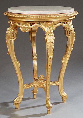 French Style Gilt Marble Top Gueridon, early 20th c., the inset figured tan marble with leaf carved frame over an arched skirt on four carved cabriole