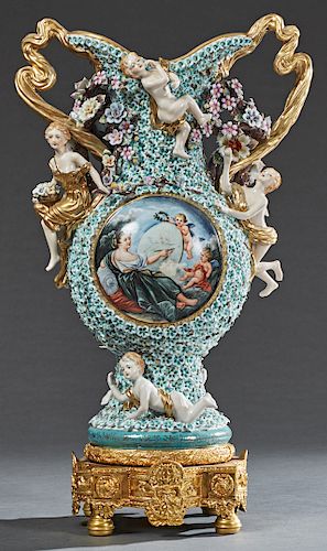 Large Meissen Style Porcelain Handled Vase, 20th c., with integral swirling gilt porcelain handles, with relief putti and overall "schneeballen" flowe