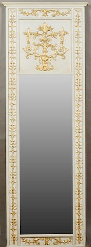 French Louis XVI Style Gilt and Gesso Polychromed Overmantle Mirror, 20th c., the stepped crown over a large applied relief gesso flower filled urn, w