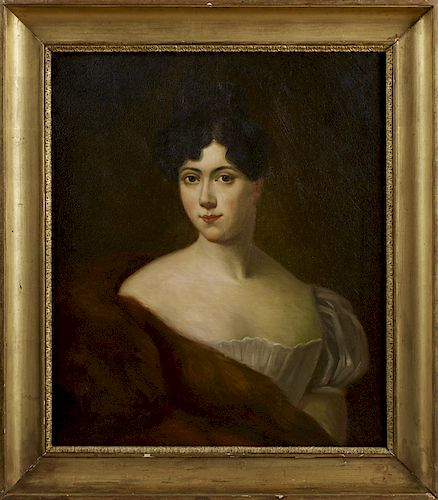 French School, " Portrait of a Lady with a Bare Shoulder," early 19th c., oil on canvas, presented in a wide gilt frame, H.- 24 3/4 in., W.- 20 3/4 in
