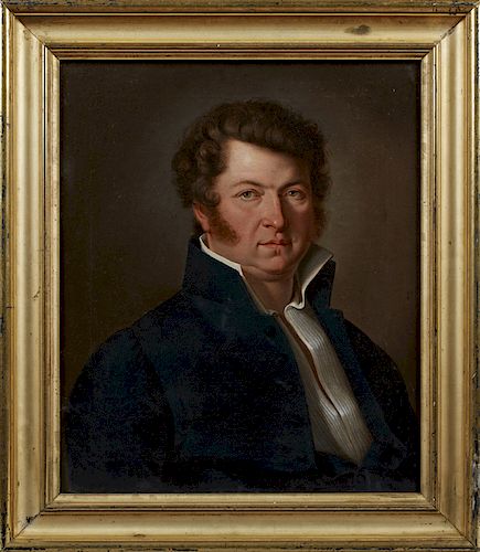 French School, "Portrait of a Gentleman with Mutton Chops," early 19th c., oil on canvas, presented in a wide gilt frame, H.- 21 1/2 in., W.- 17 5/8 i