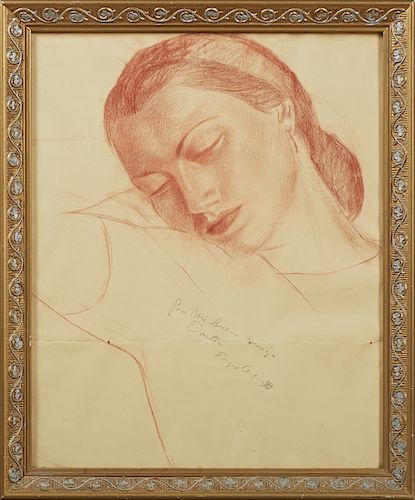 Enrique Alferez (1901-1999, New Orleans), "Sleeping Woman," 20th c., conte crayon, inscrbed "Para Mi Buena Amiga, Darlea," and signed lower center, pr