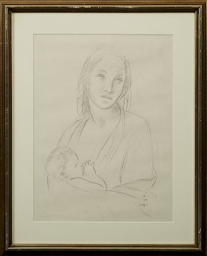 Enrique Alverez (1901-1999, New Orleans), "Mother and Child," 1992, graphite, signed and dated lower right, presented in a silvered frame, H.- 15 3/4 