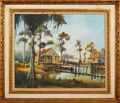 Robert Malcolm Rucker (1932-2000, Louisiana), "Louisiana Bayou with Camps," 20th c., oil on canvas, signed lower right, predented in a carved giltwood