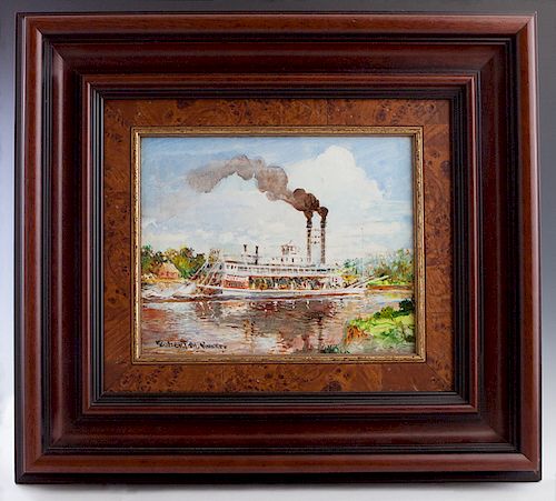 Robert M. Rucker 1932-2000, Louisiana), "Paddlewheeler on the River, 1999, oil on canvas, signed lower left, dated and signed verso on a Jack of Heart